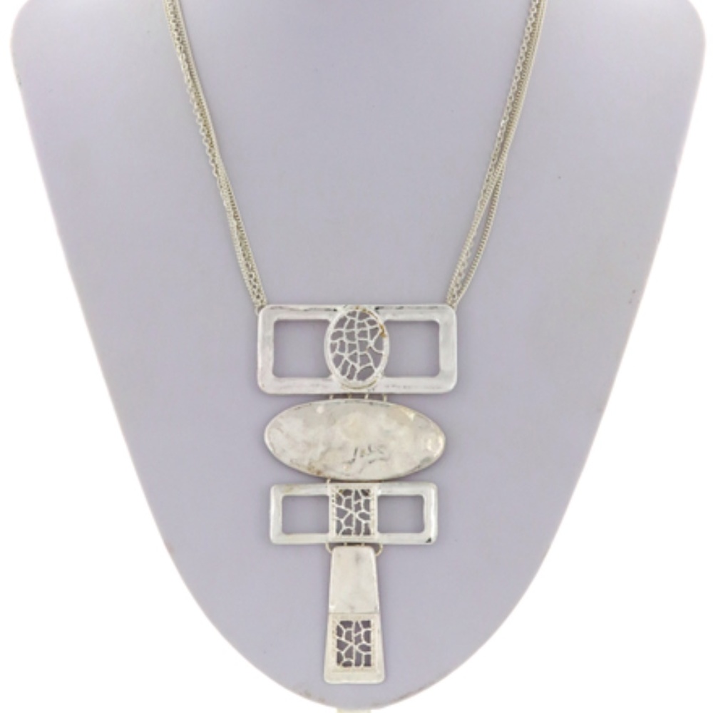 Silver tone geometric pendant bib style necklace